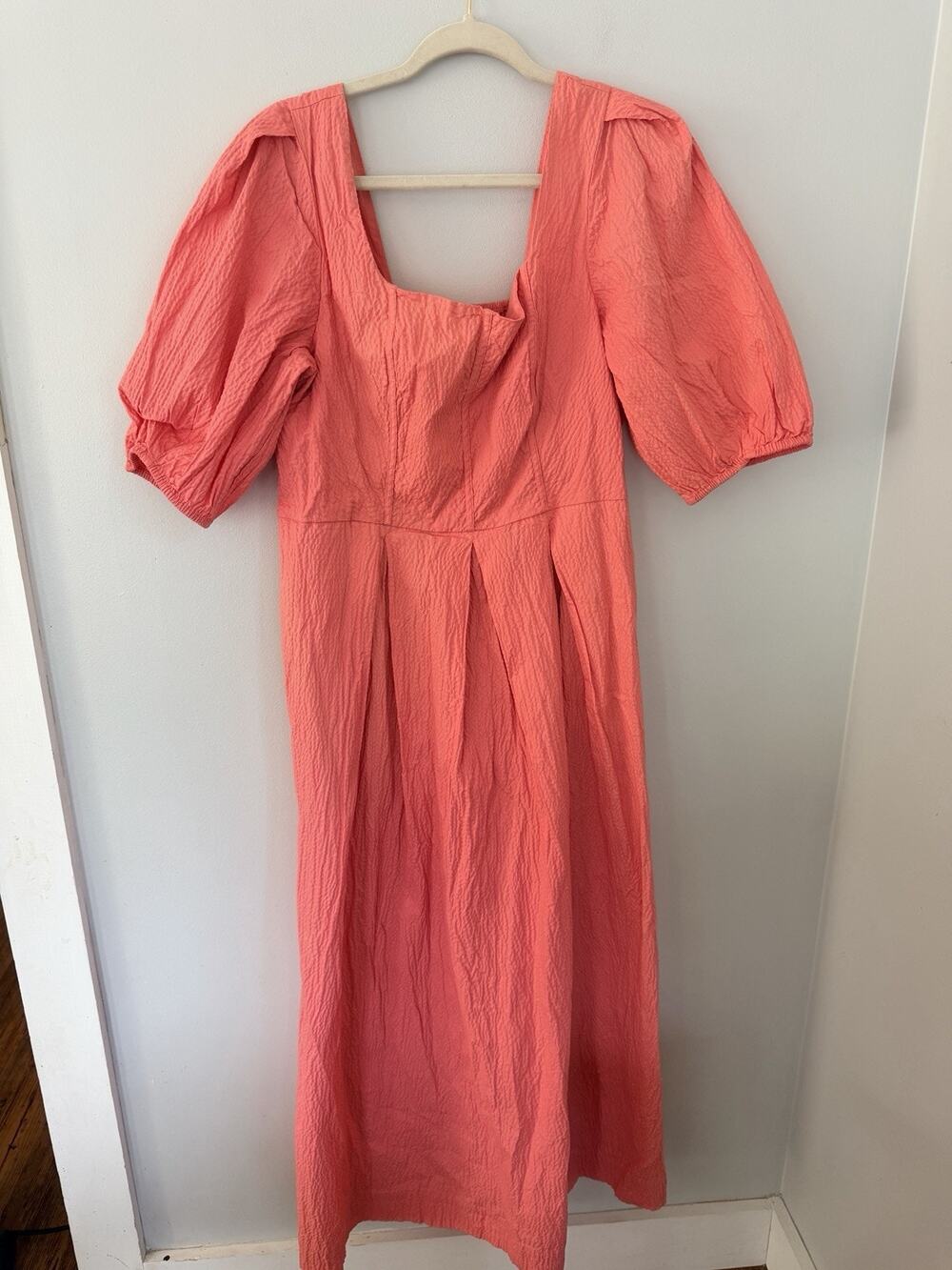A New Day Short Balloon Puff Sleeve Midi Dress Coral Pink L Pockets Cotton